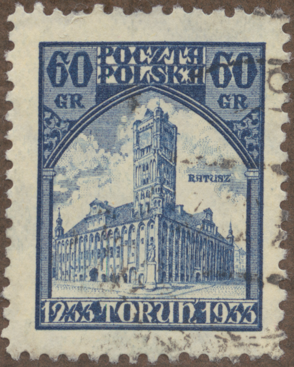 Frimärke ur Gösta Bodmans filatelistiska motivsamling, påbörjad 1950.
Frimärke från Polen, 1933. Motiv av Stadshuset i Torun Stadens 700 års minne 1233:1933.