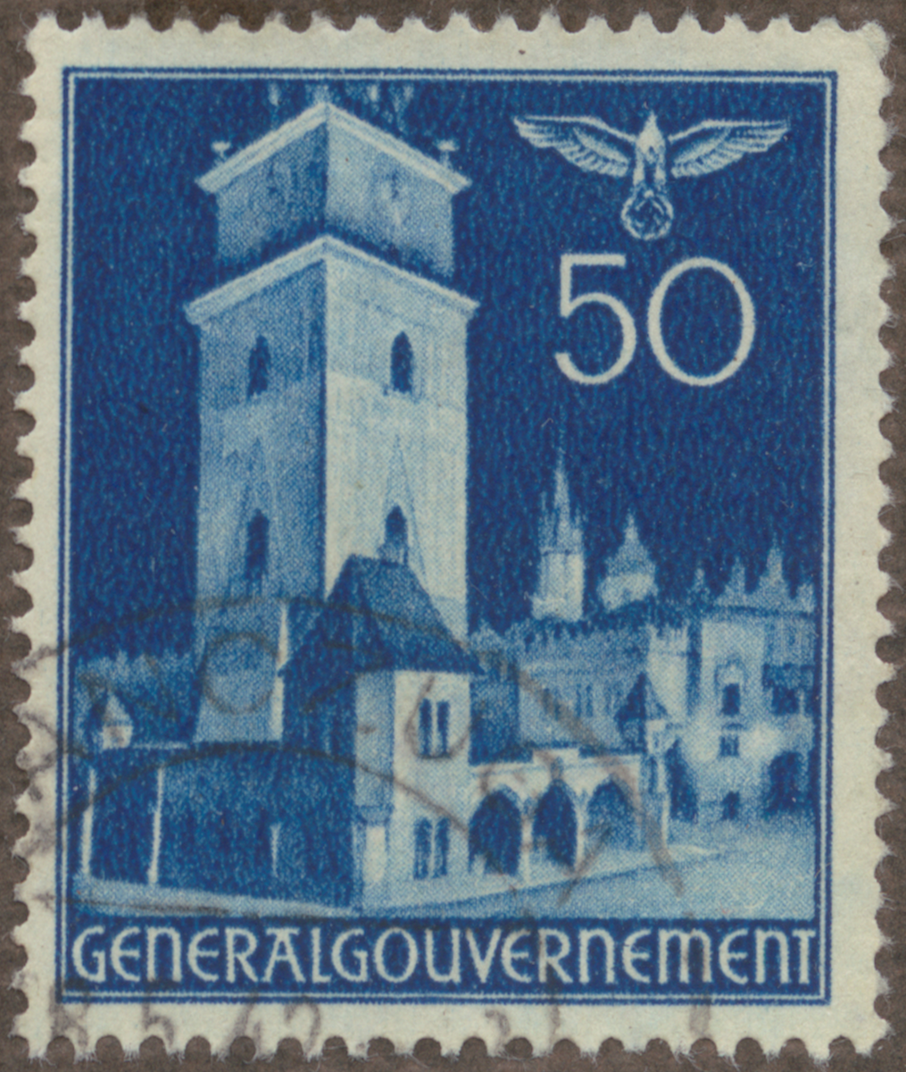 Frimärke ur Gösta Bodmans filatelistiska motivsamling, påbörjad 1950.
Frimärke från Polen, 1940. Motiv av Stadshustornet i Krakau - Tyska okkupationen av Polen under världskrig II -
