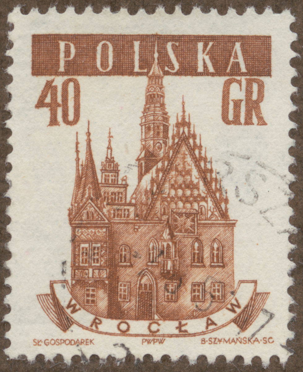 Frimärke ur Gösta Bodmans filatelistiska motivsamling, påbörjad 1950.
Frimärke från Polen, 1958. Motiv av Stadshuset i Wroclaw (Breslau) "-Serie: Polska stadshus.-"