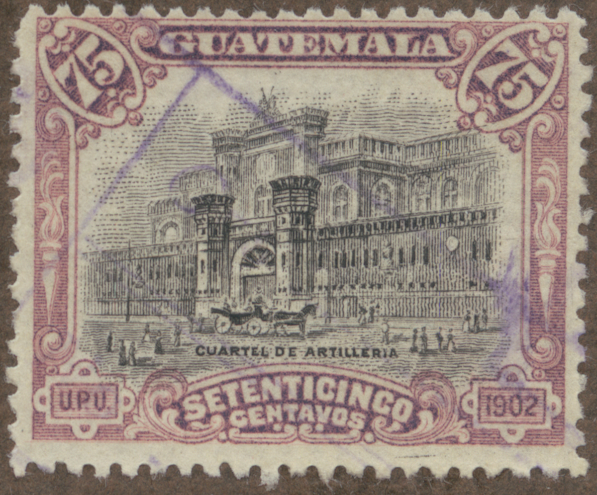 Frimärke ur Gösta Bodmans filatelistiska motivsamling, påbörjad 1950.
Frimärke från Guatemala, 1902. Motiv av Artillerikasernen Guatemala