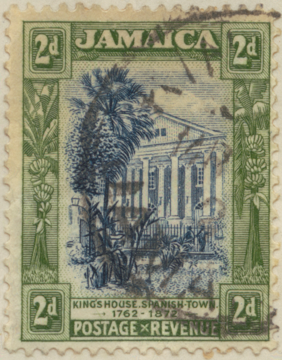 Frimärke ur Gösta Bodmans filatelistiska motivsamling, påbörjad 1950.
Frimärke från Jamaica, 1919. Motiv av Kingshouse i Spanish Town