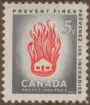 Frimärke ur Gösta Bodmans filatelistiska motivsamling, påbörjad 1950.
Frimärke från Canada, 1956. Motiv av Brinnande stuga Mot eldsvådor