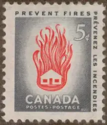 Frimärke med motiv av brinnande stuga, för förebyggande mot 