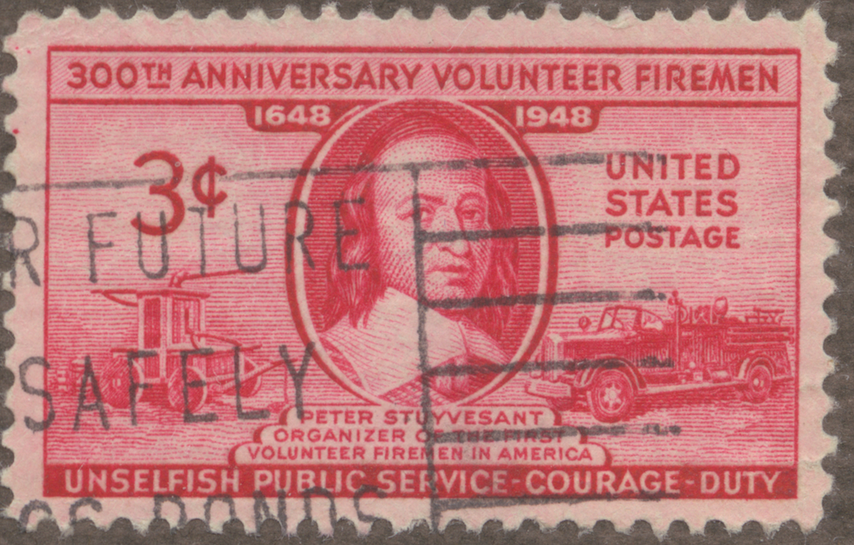Frimärke ur Gösta Bodmans filatelistiska motivsamling, påbörjad 1950.
Frimärke från U.S.A., 1948. Motiv av Brandvagnar förr och nu (mitten): Peter Stuyvesant: 1592-1672: New Netherlands sista holländska guvenör. S. var grundare av Amerikas första frivilliga brandkår. -300-årsminnet av början 1648-1948.-