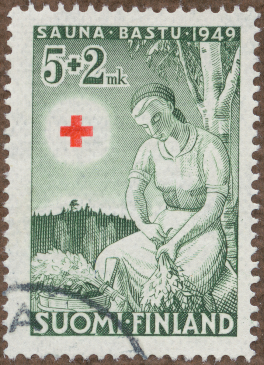Frimärke ur Gösta Bodmans filatelistiska motivsamling, påbörjad 1950.
Frimärke från Finland, 1949. Motiv av Björkkvastar tillverkas för finskt bastubad "-Röda Kors serie-"
