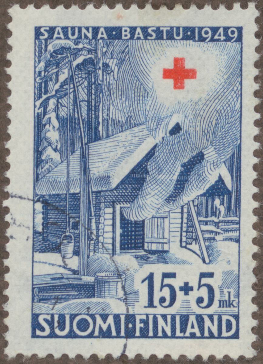 Frimärke ur Gösta Bodmans filatelistiska motivsamling, påbörjad 1950.
Frimärke från Finland, 1949. Motiv av Finsk stuga för "bastubad" "-Röda Kors serie-"