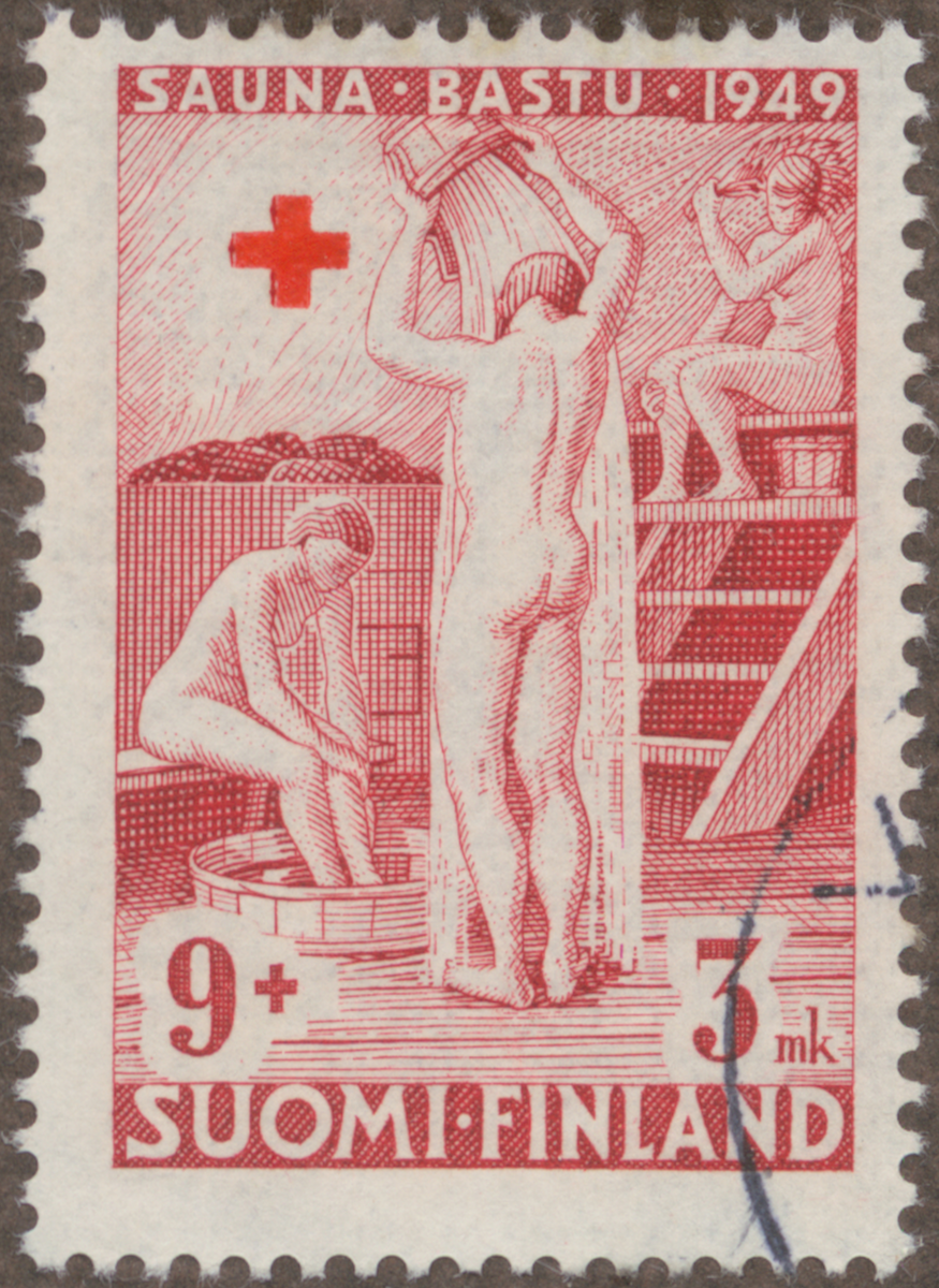 Frimärke ur Gösta Bodmans filatelistiska motivsamling, påbörjad 1950.
Frimärke från Finland, 1949. Motiv av Kallvattensavkylning efter finskt bastubad "-Röda Kors serie-"