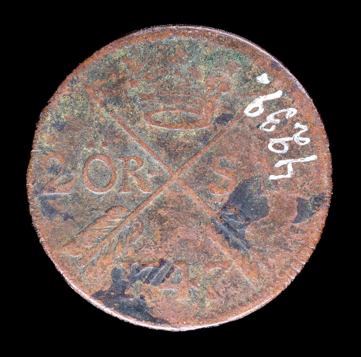 Svenskt kopparmynt från 1747. Valör: 2 Ör. S.M.