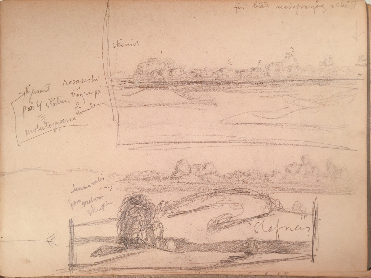 Skissboken innehåller 46 teckningar ( blad ).