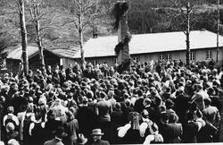 Folkehav ved bauta. Antatt 17. mai-feiring på Ål.