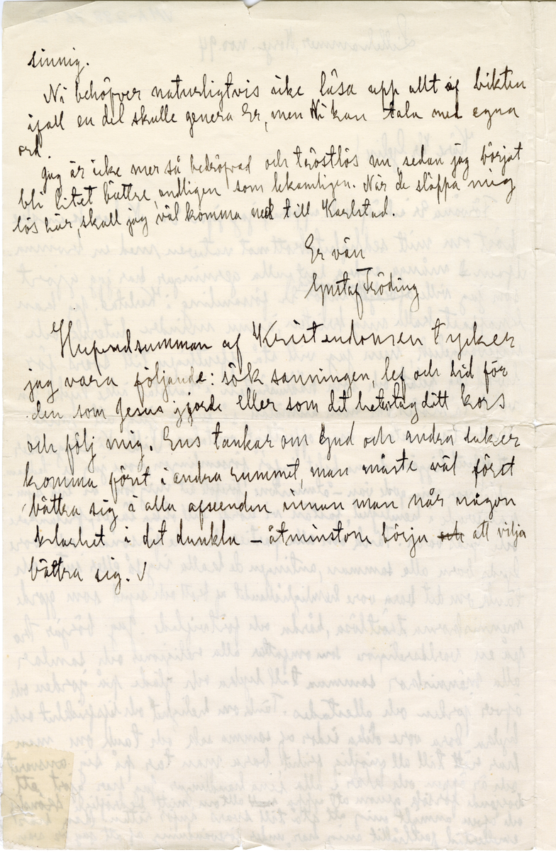 Brev skrivet som följebrev till objektet 17001-A28876:1. Ett ark med text på båda sidor, samt tillhörande kuvert.