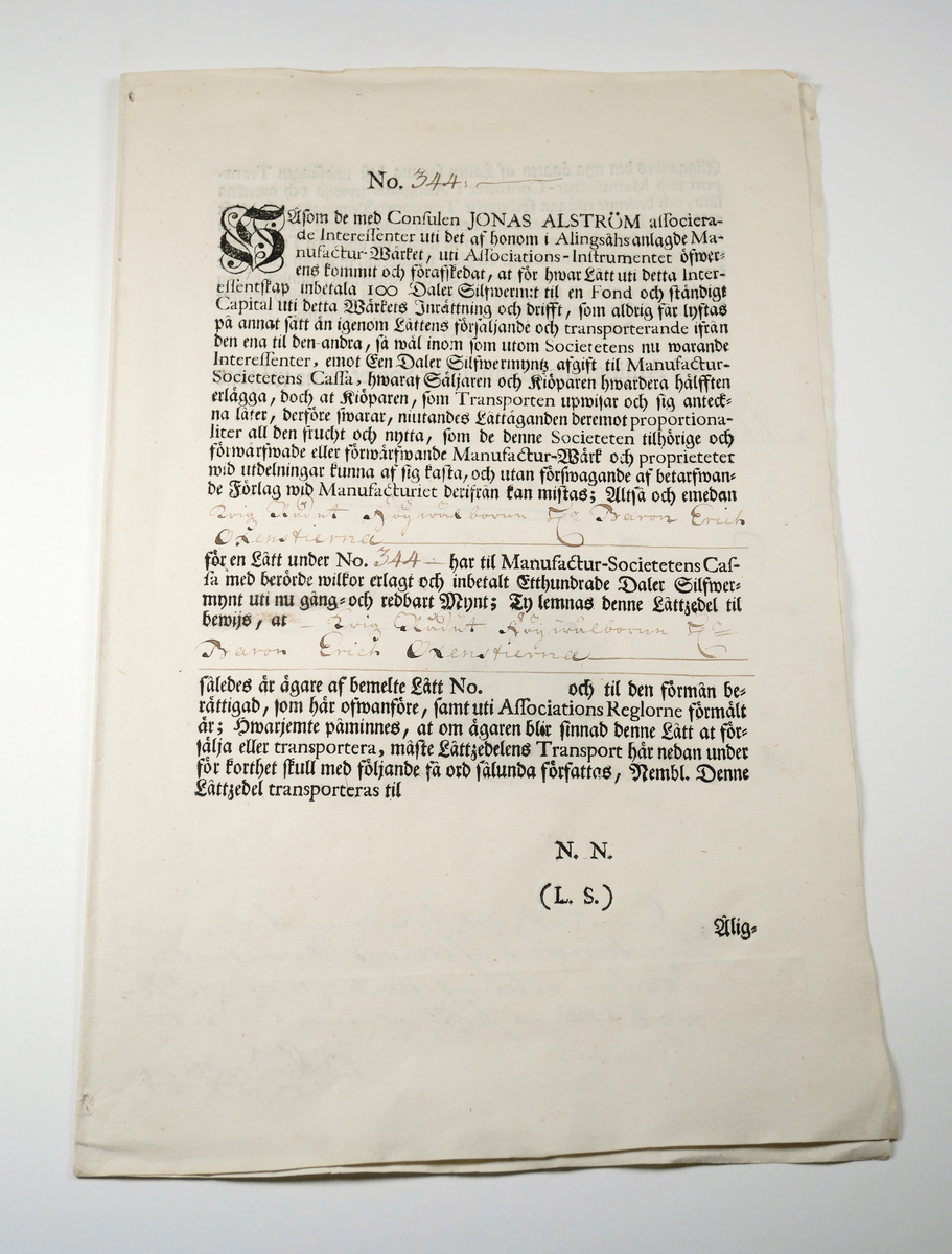 Lott

Lott nr 344, Alingsås manufakturverk
Innehavare Erik Oxenstierna
Tecknad 16 december 1728