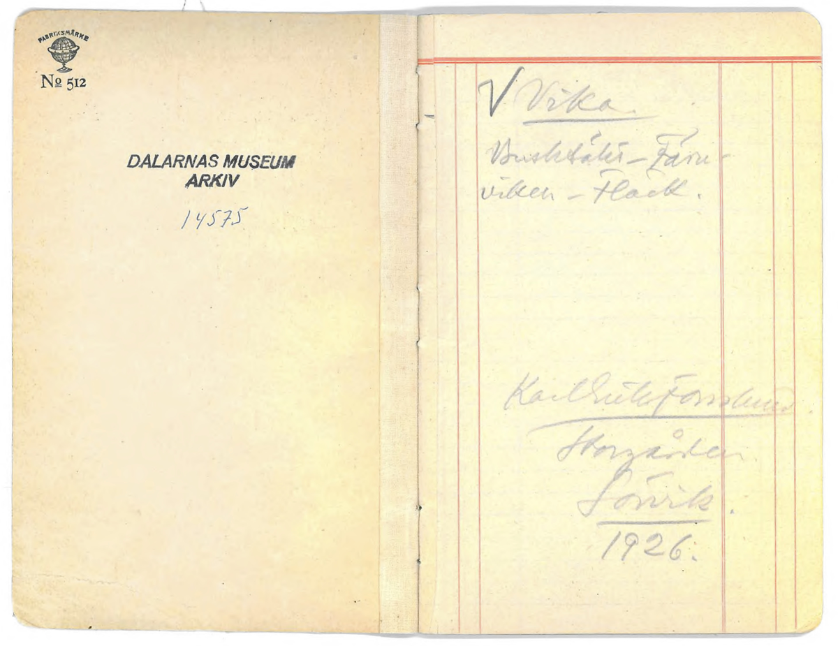 Innehåller noteringshäfte med anteckningar av Karl-Erik Forsslund 1926 för Vika socken, specifikt områden Busktäkt-Färnviken-Fläck.

Opublicerat material till bokverket 'Med Dalälven från källorna till havet.'