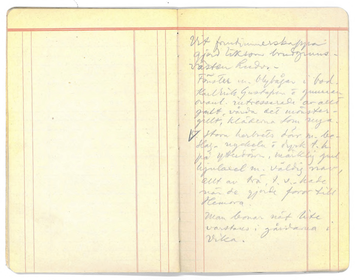 Innehåller noteringshäfte med anteckningar av Karl-Erik Forsslund 1926 för Vika socken, specifikt områden Busktäkt-Färnviken-Fläck.

Opublicerat material till bokverket 'Med Dalälven från källorna till havet.'