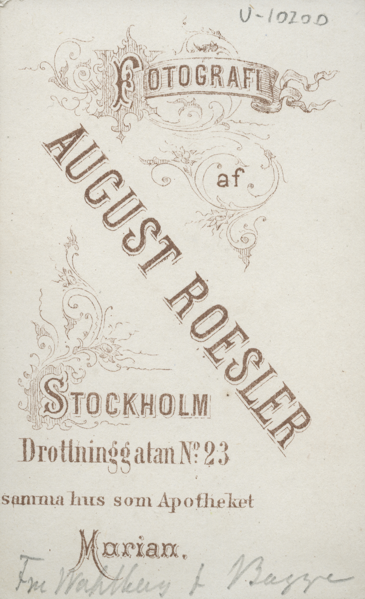 Porträtt av fru Wahlberg f. Bagge (enligt text baksida kort).