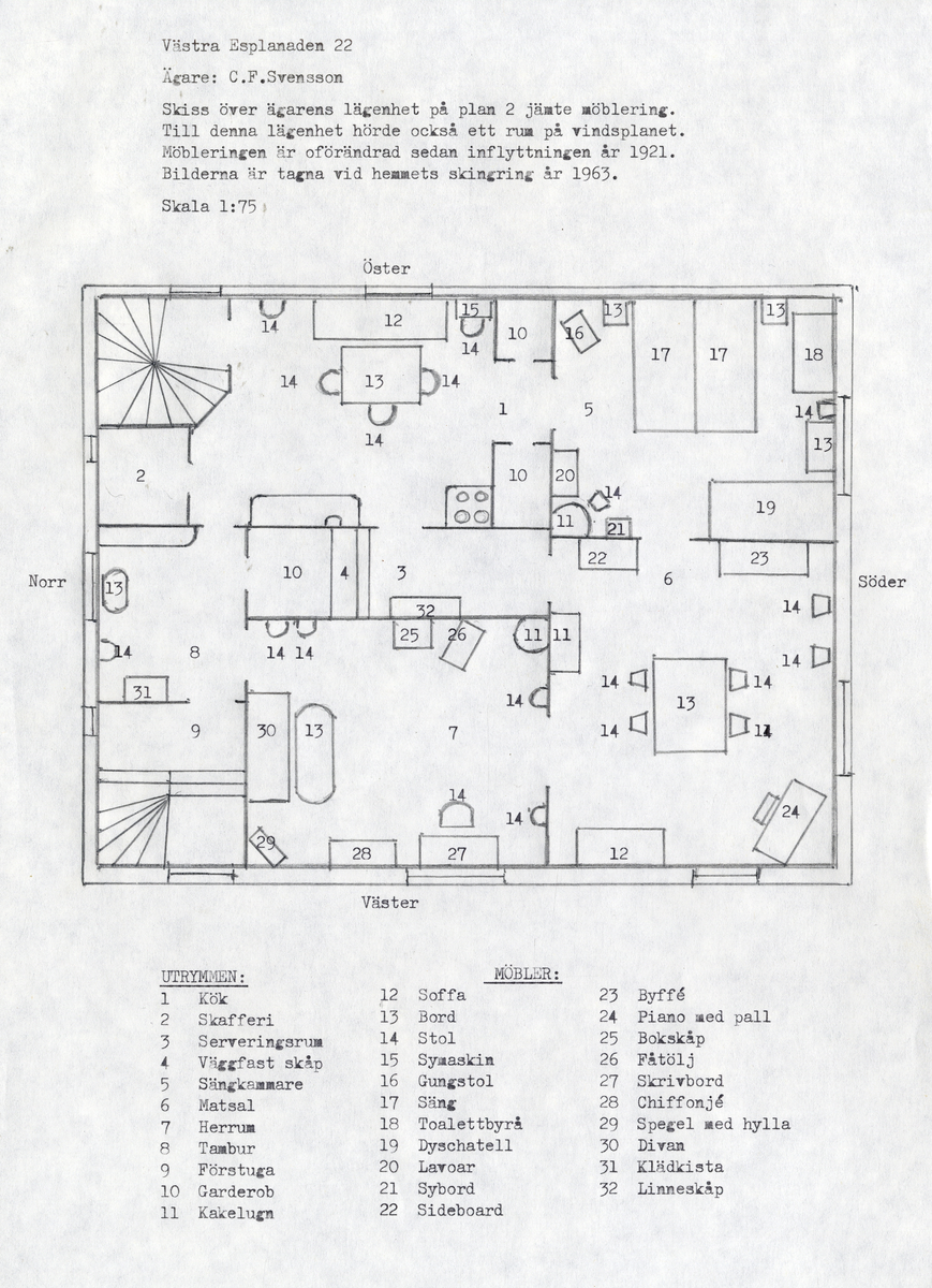 Västra Esplanaden 22, (kv. Kräftan 1), Växjö, ca 1930-35. Ägare: poliskonstapel Carl F. Svensson (från 1921-1963).
Dessutom skiss av ägarens lägenhet, plan 2.