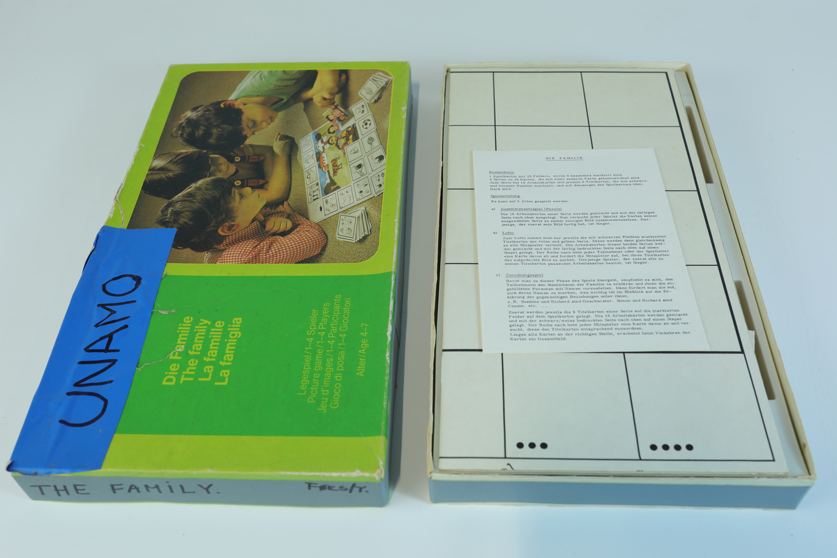"Die Familie". Brettspill som tar for seg familierelasjoner. Kan spilles på tre ulike måter.