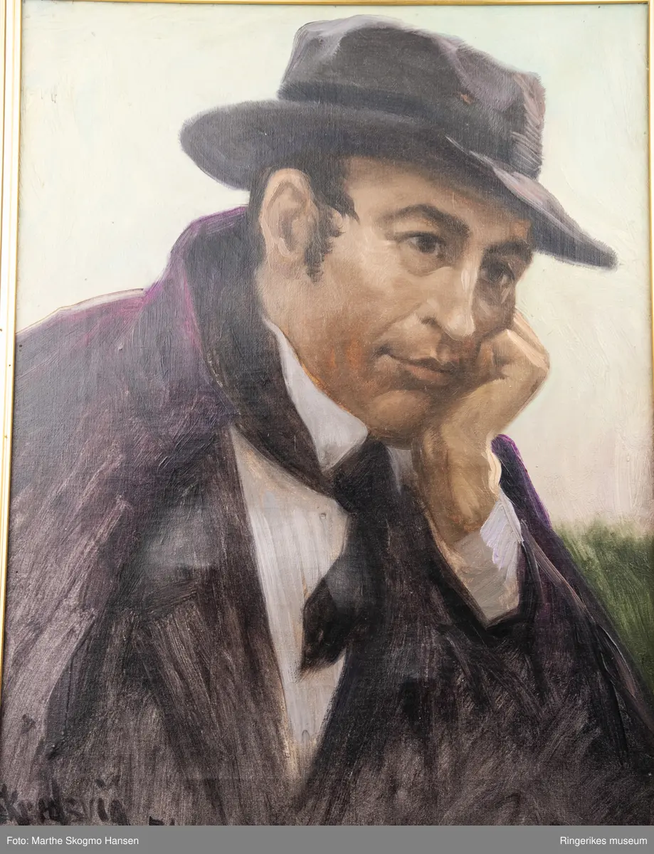 Portrett av Jørgen Moe sittende ettertenksom med hodet i hånda med hatt og uteklær.