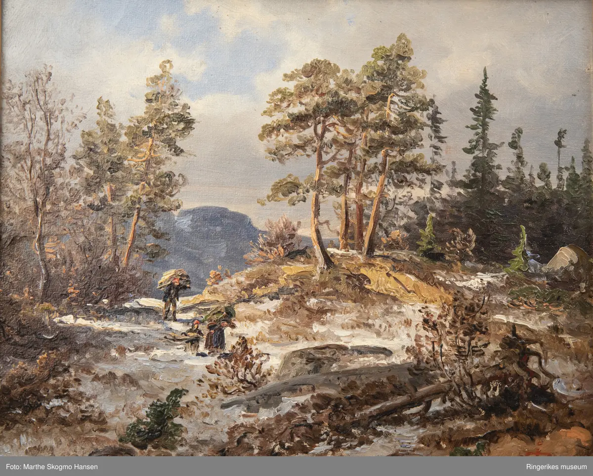 Oljemaleri fra Moe-minnet. I følge gammel registreringsprotokoll er maleriet av J. F. Eckersberg. Signaturen på selve maleriet er et slags tegn og datert 1851. Motivet er tre arbeidende personer opp under snaufjellet. Fra nasjonalromantikkens tidsalder. Maleriet med ramme måler 37 X 33 cm.