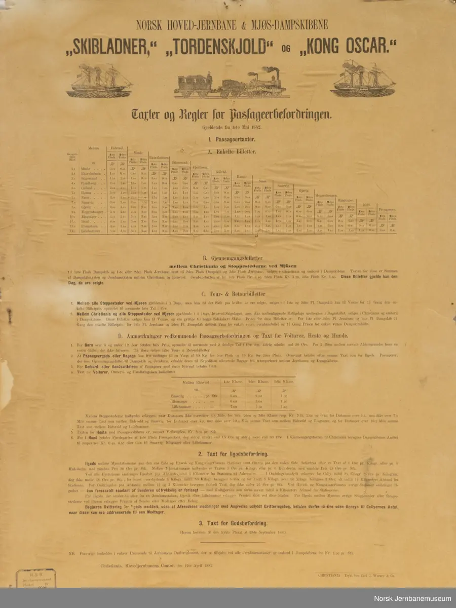 Takster og regler for befordring av gods etc. på Mjøs-Dampskipene - 1882