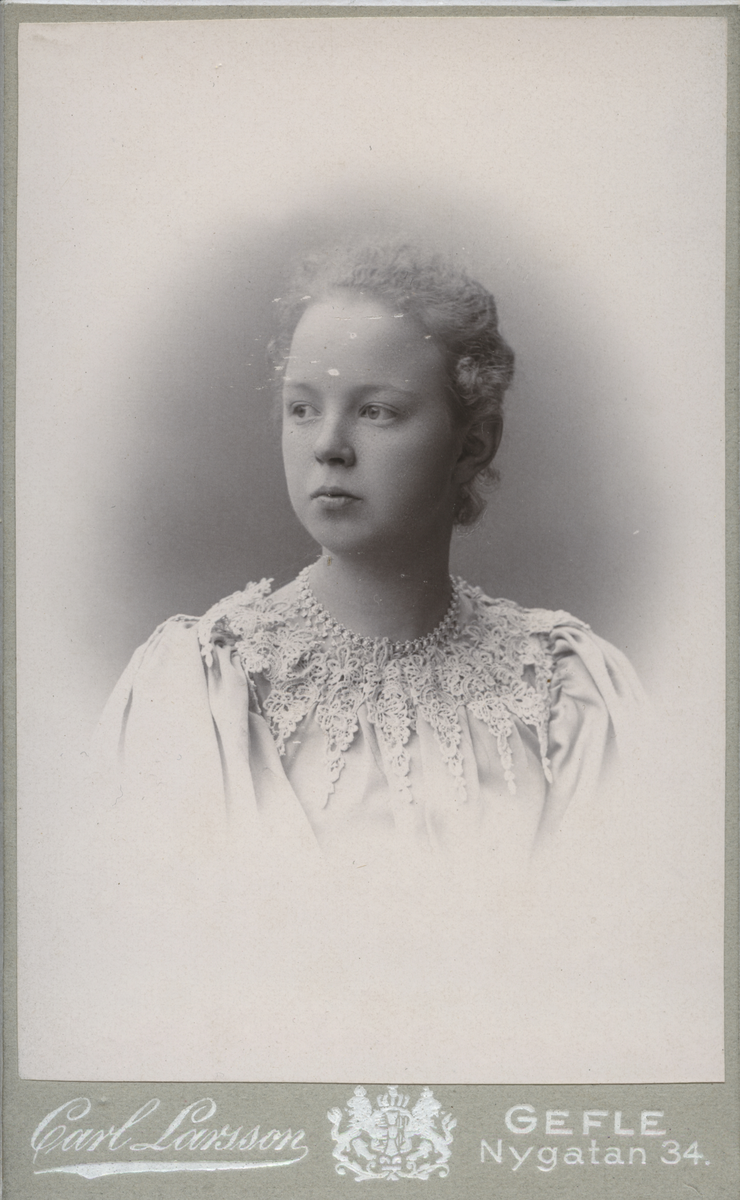 Porträtt av Valborg Goldschmidt född Schoch, 1895 (enligt text baksida kort).