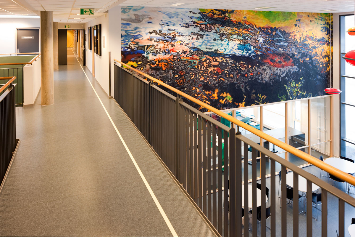 Utsmykkingen befinner seg I tverraksen av Rosenborg skole, i området mellom hovedinngangen i U-etasjen, trappeoppgang, og utgang til innegård i 2. etg.

Den nye Rosenborg skole har to innendørs utsmykkinger, men noe av kunsten er også synlig utenfra. Det gjelder bidraget fra Bo Bisgaard og Inghild Karlsen, som i fellesskap står bak en rekke skulpturer og store malerier i sentralrommet. De har gått bevisst inn for at verket deres særlig i mørketiden skal være lett å oppdage fra utsiden, både fra gata og fra gårdsplassen. Utsmykkingen fordeler seg over alle tre etasjer og har en vertikal akse med fotobaserte malerier på vegg fra inngangspartiet og opp gjennom trapperommet, samt hengende, lysende skulpturer i hver etasje. Maleriene i inngangspartiet har svære formater, opp i nesten ni meters bredde. Med farge- og motivvalg håper kunstnerne at de skal gi et inntrykk av letthet og optimisme, enten man betrakter dem i detalj på nært hold eller ser dem i helhet på avstand. Assosiasjonene går til himmellegemer og til natur både over og under vann. Fargesettingen er ungdommelig frisk og ”popaktig”. Dette preger også de 15 skulpturene. De fem største, som er litt over en meter høye, er støpt i et plastmateriale med fargepigmenter og er opplyst av innvendig lysarmatur. De blir på den måten lysende objekter med en lysstyrke som kan dimmes etter behov. Fargen er sterk oransje.