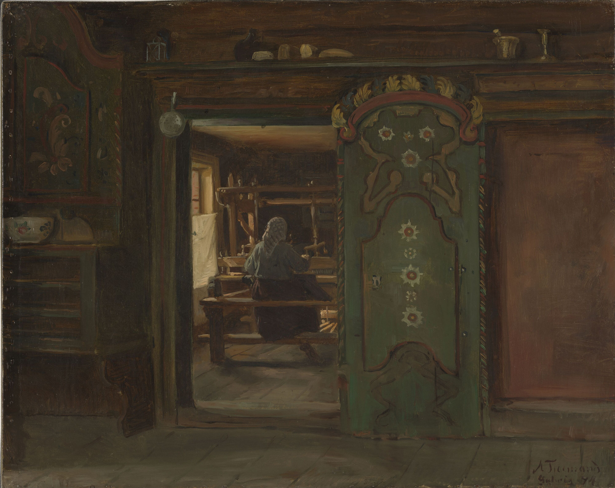 Kone ved vevstol, Gulsvik [Maleri]