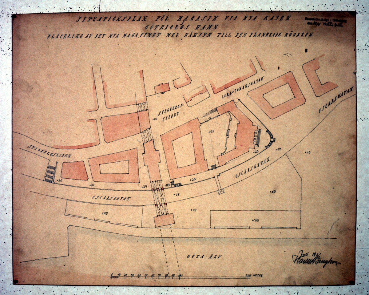 Förslag till magasin vid nya kajen i Göteborgs hamn med hänsynstagande till den planerade högbron. Situationsplaner, fasadschema och perspektivteckningar i blyerts och krita.