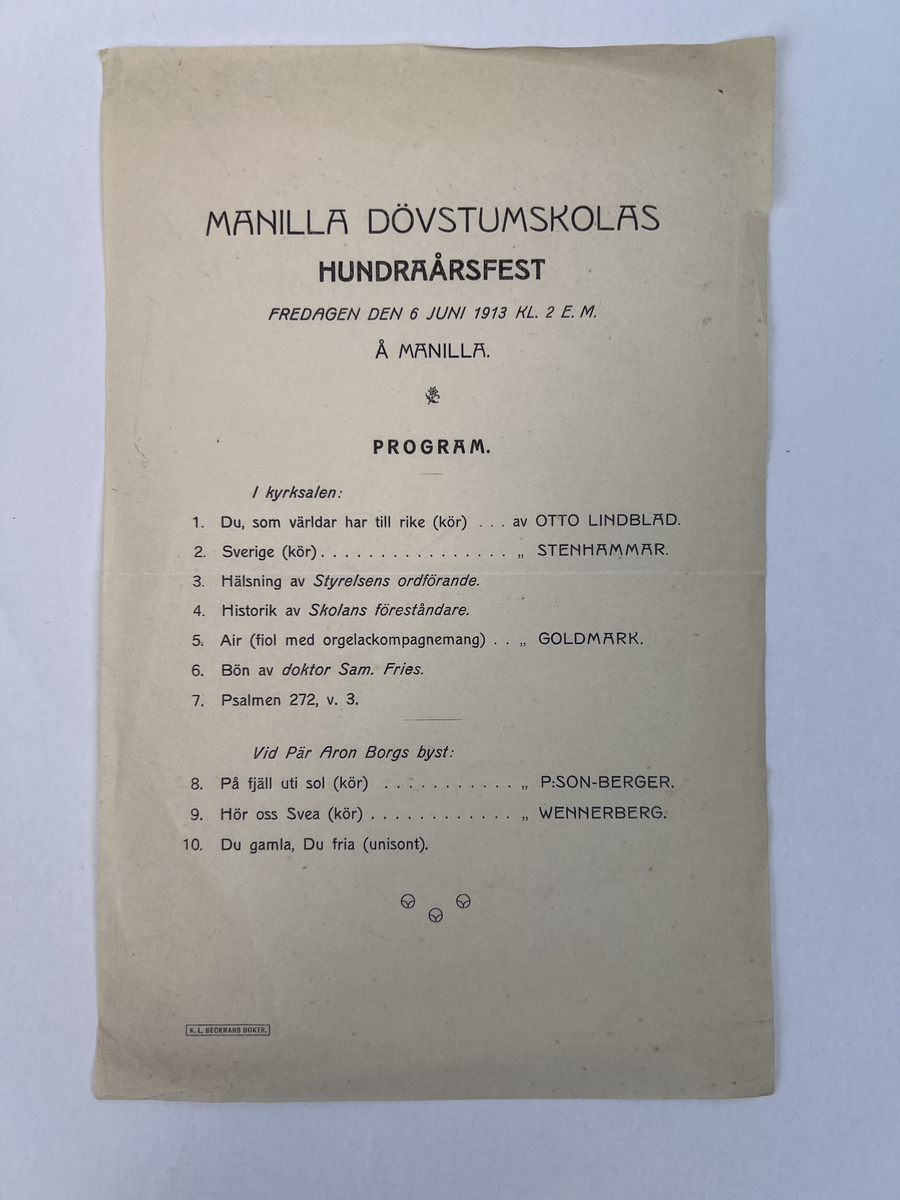 Inbjudan till Manillaskolans 100-årsminnet till rektorn G Åstrand med program och meddelande. 