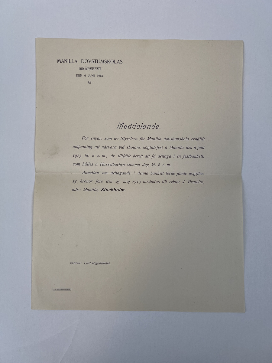 Inbjudan till Manillaskolans 100-årsminnet till rektorn G Åstrand med program och meddelande. 