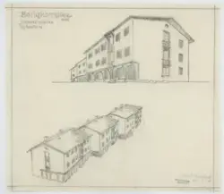 Boligkompleks med Yrkeskvinnenes hybelhus [Eksteriørperspektiv]