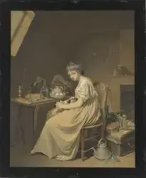 Kvinne med hund i fanget [Tegning]