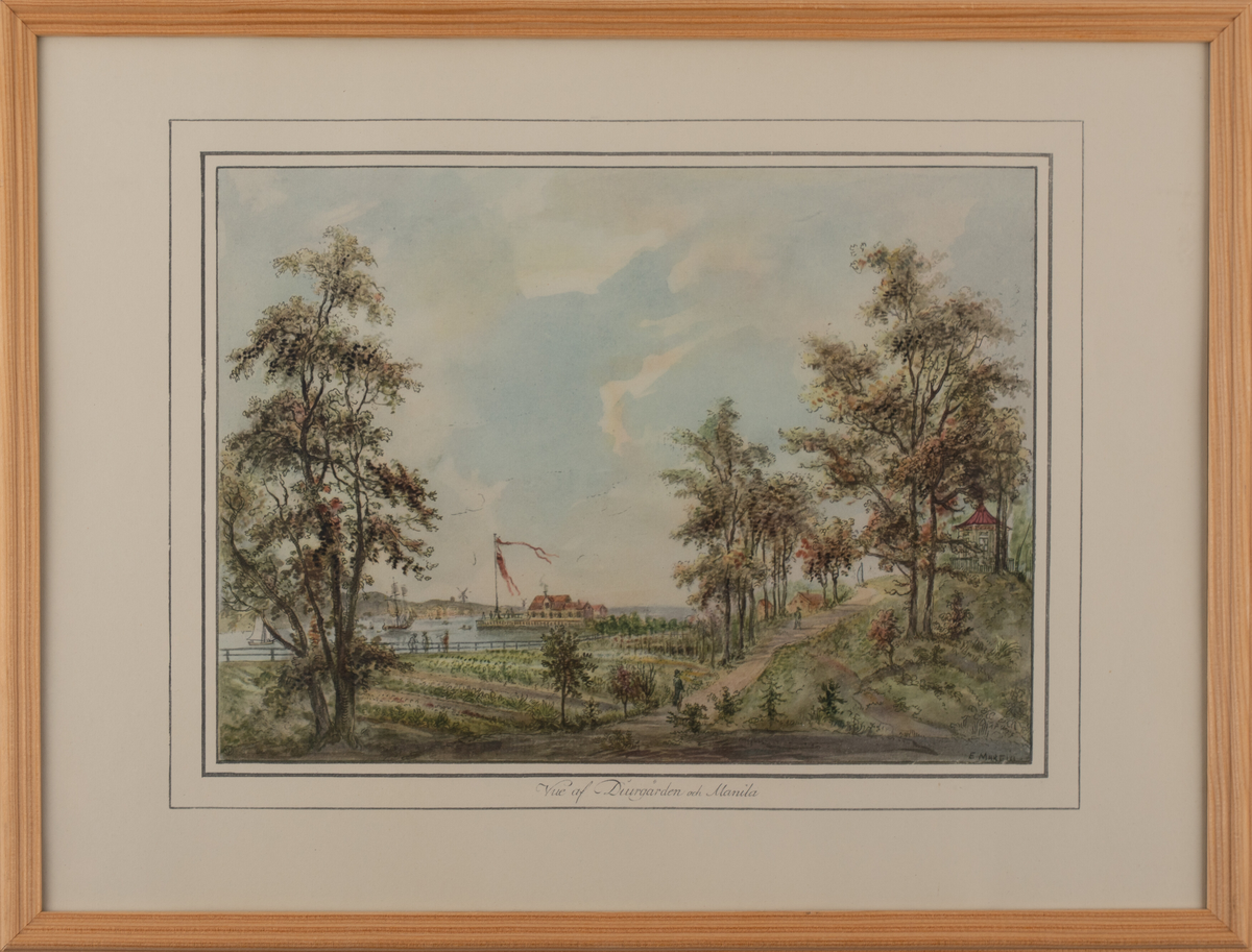 Tavla med ljus träram, föreställande vy av Djurgården och Manilla.  Text: "Vue af Diurgården och Manila.