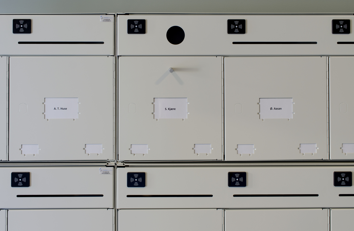 Modifiserte postkasser som ser ut som fuglekasser. 