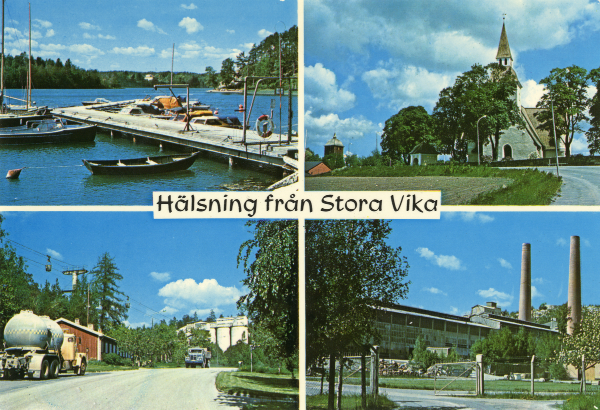 Vykort från Stora Vika med texten: "Hälsning från Stora Vika". Vykortet har fyra bilder med motiv från badplatsen, Sorunda kyrka och två motiv från Cementas fabrik. 