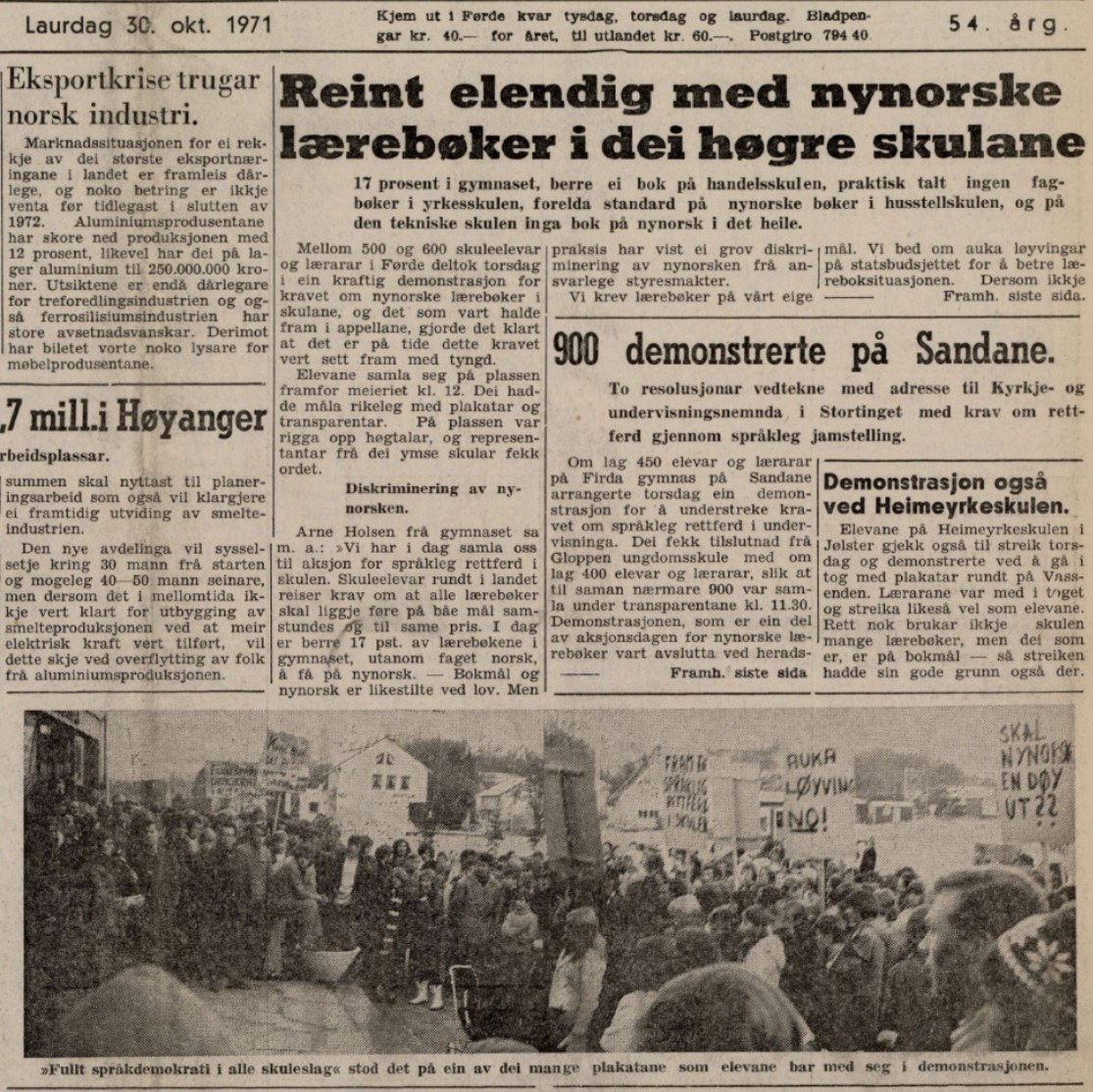Filmopptak av ein demonstrasjon for læremiddel på nynorsk i Førde, 1971
