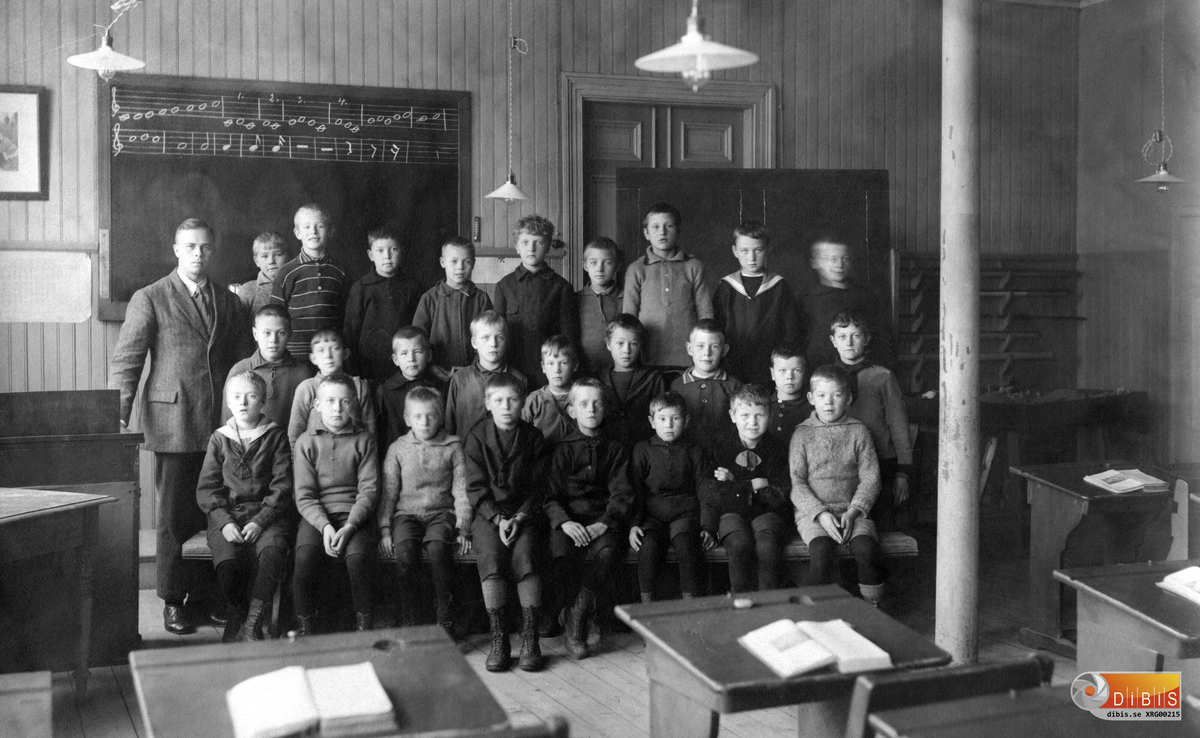 Troligen en bild från Humlegårdsskolan i Söderhamn på 1920-talet.
Är egentigen inte säker på något om denna bild men pojken längst ut till höger (sittande i första raden) liknar Elver Gustafsson (1915-2005)