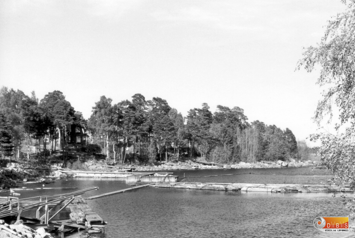 Badhusviken i Ala i sommarskrud. I bakgrunden Blåsut med bostadshus.