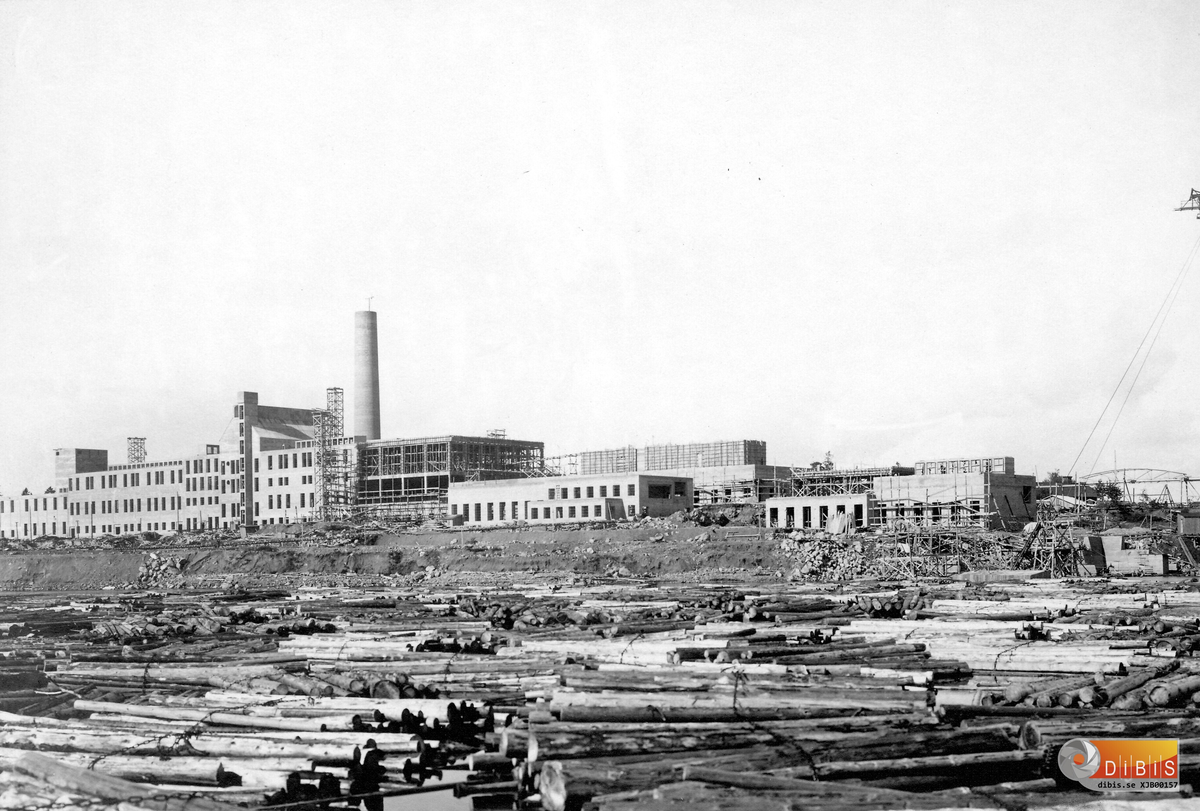 Massavedsbuntar i förgrunden med fabriksbygget i bakgrunden.