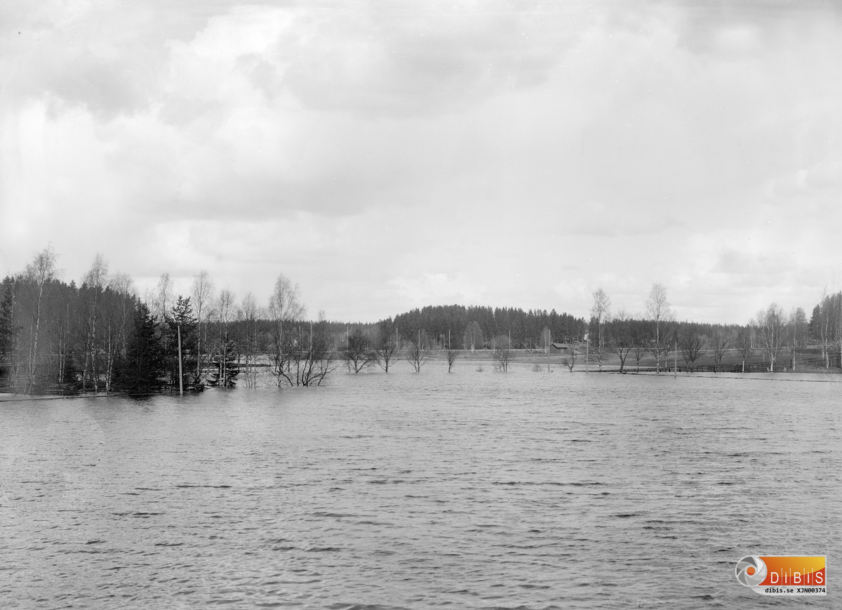 Kort taget från båt nedanför herrgården vid 1916-års vårflod, 1900-talets värsta.
Bruket ligger till vänster utanför bild och är tillsammans med sågverksområdet en kringfluten Ö.
I sänkan på herrgårdsgatan står lönnallén ordentligt neddränkt.