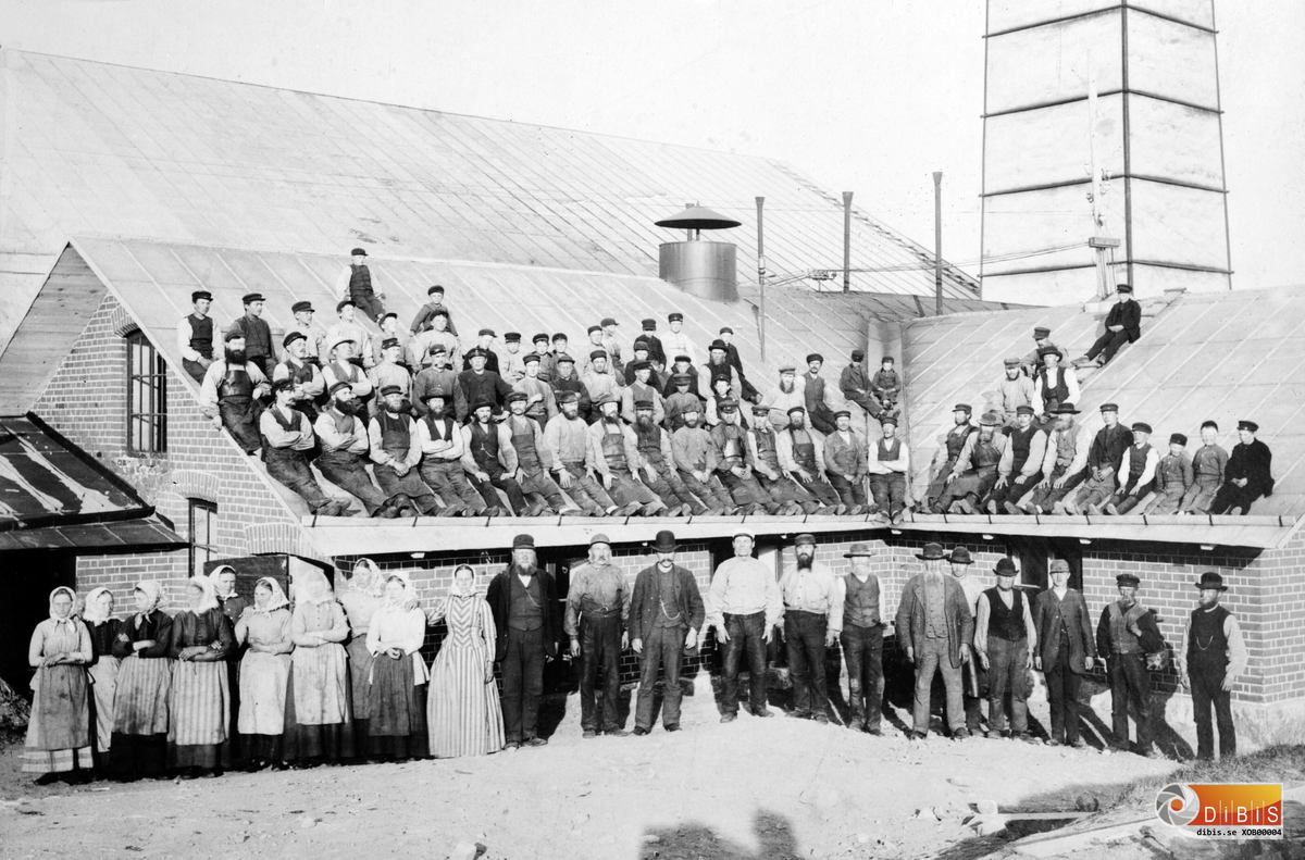 Grupporträtt med sågverksarbetare dels på pannhusets tak. I bakgrunden syns sågverkets tak. Kortet taget någon gång efter sekelskiftet 1900 med spån- och ribbkullor som de kvinnliga arbetarna kallades samt yngre pojkar som transporterade ribb och bakar från sågen upp till kolningen som låg där fabriken senare byggdes.
Av männen känner man igen Faktor Lövgren som står till höger om damerna med mörk klädsel, till höger om honom Johan Israelsson dä.
På taket löper också el-ledningar så kallade enkelledare elektrisiteten producerades på sågen via ångmaskinen och en omvandlare de så kallade Vennströms grytan som installerades år 1884. se bild XJN 229B