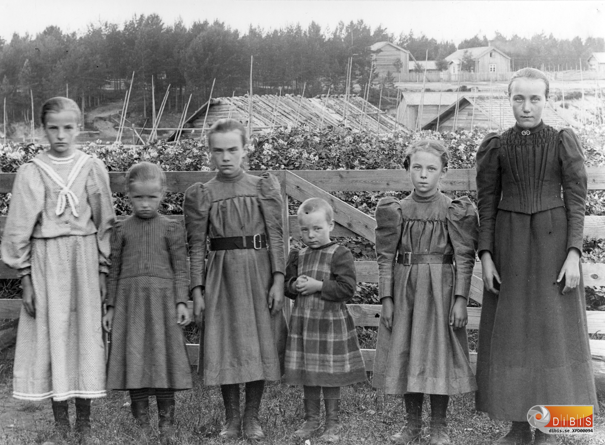 Vid Smelinds framför byggningen med linbodarna vid Föltjärn.
Längst bort ser man Högkvists gård samt till höger gaveln på Björkens lada. Omkring 1898.
Från vänster:
1. Inga Eriksson från Jonanders, (gift Roos),
2. en okänd,
3. Jenny Lind
4. Maria Lind
5. Marta Lind samt
6. Brita Larsdotter från Perjons, (gift Bengtsson.)