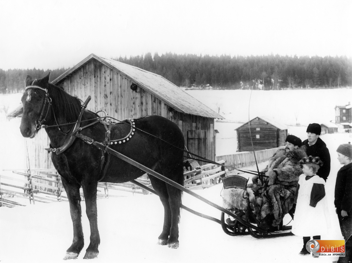 Bilden är tagen vid Löten med Hästhagsberget i bakgrunden.
Erik Eriksson, Nordanbäck vid tömmarna. Bakom står Erik Olov Dagh. Barnen är okända.