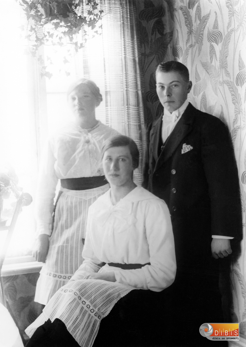Bröllopsgäster till Marta Lust och Mickel Persson i Regnvalls, Berga.
Sittande: Hildur, från Regnvalls.
Stående: Margret och Per Persson, syskon till
brudgummen