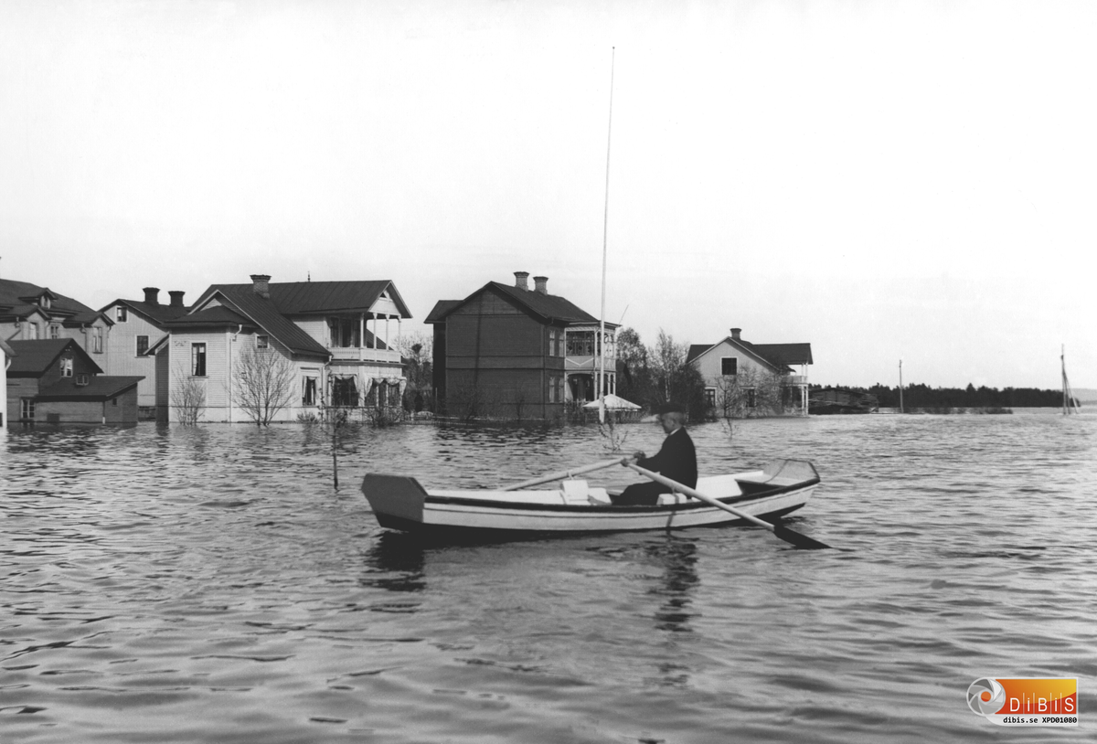 Bollnäs, översvämningen 1909. En vy över Vågen med Långnäsudden i fjärran. T.v. husen kring Östergatan-Våggatan-Trädgårdsgatan.