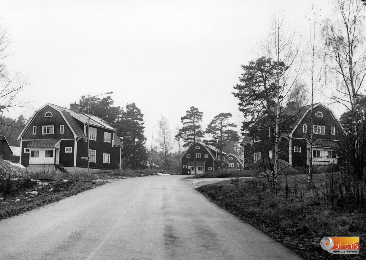 Översiktsbild över Fridhemsområdet. Från vänster hus 296, hus 297 och hus 295 med adress Lumavägen 1, 2 och Fridhemsvägen 1. Dessa hus byggdes omkring 1917 av Ljusne-Woxna AB och användes då som arbetarbostäder. Viss ombyggnation skedde 1965 och innan rivningen användes dessa som bostadshus.