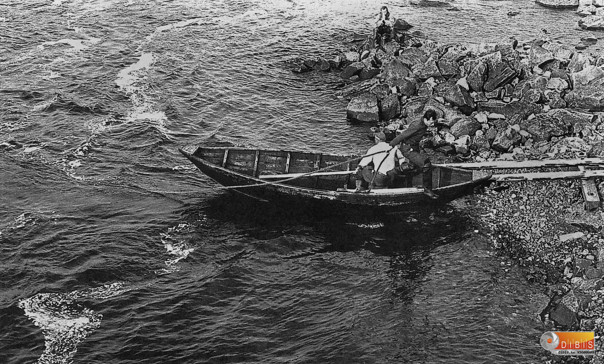 Laxfiske i Ljusnan, vid Slaggvarpet
nedanför Hyttan på Söder i Ljusne.
Bengt Blomqvist börjar dra in laxnoten, Erik Skoglund sitter i ekan.