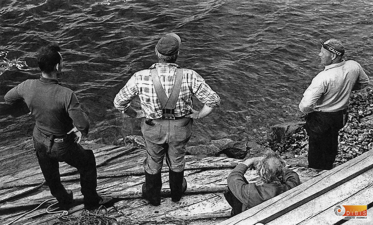 Laxfiske i Ljusnan, vid Slaggvarpet nedanför Hyttan på Söder i Ljusne.
Vid notvarpet efter förrättat värv.
Sittandes Erik Nilsson.
Ståendes från vänster med ryggtavla är Bengt Blomqvist, Bror Lundberg och till höger Erik Skoglund.