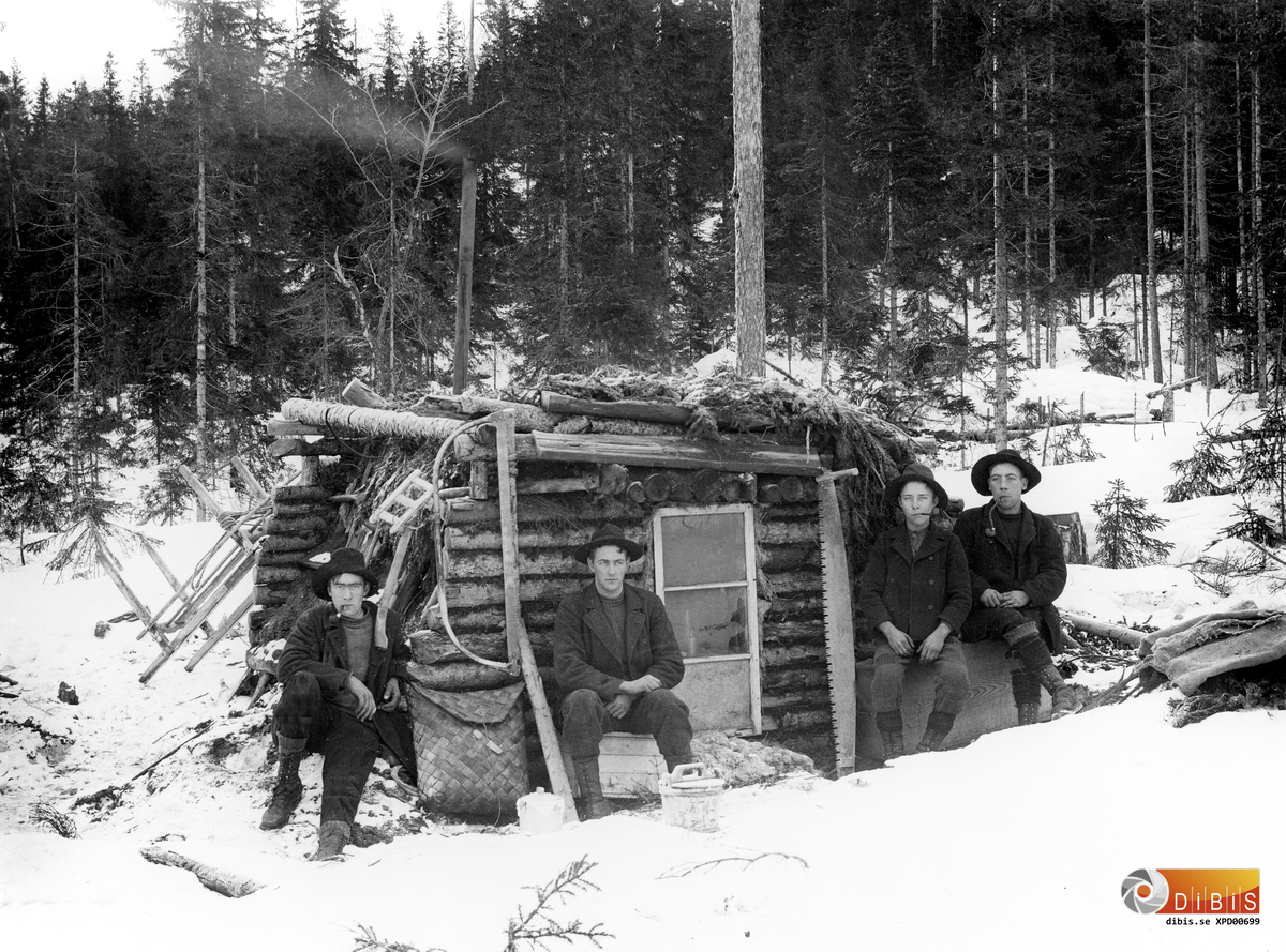 Skogshuggarekojan vid Örtjärn, bakom Höleklack. Omkring 1920.
Fr.v:
1. Herman Lind, Östra Höle
2. Nils Östlund, Östra Höle,
3. Bengt Olsson från Remans, Västra Höle
4. Per Olov Larsson, Östra Höle.

De kallades för:
Lönns Lars, Ristens Nils, Remans Bengt och Lillmålar'n.