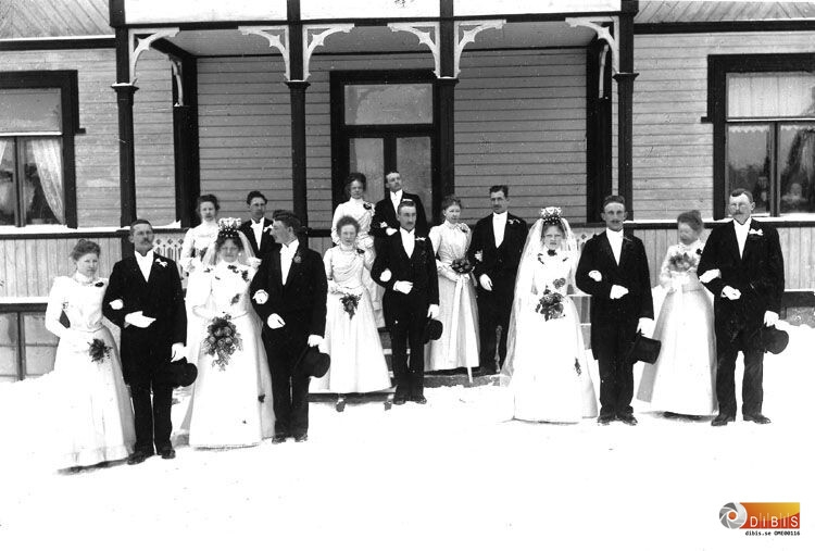 Dubbelbröllop i Backollas.
Brudparet Folke Bergenheim med fru Kristina f. Hedin,
Torsten Bergenheim med fru Sigrid f. Hedin.
Överst på trappan Elisabeth Hedin.
Elisabeth, Kristina och Sigrid är döttrar till P.J.Hedin.